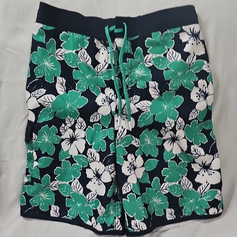 Lands' End Navy and Green Floral Swim Shorts